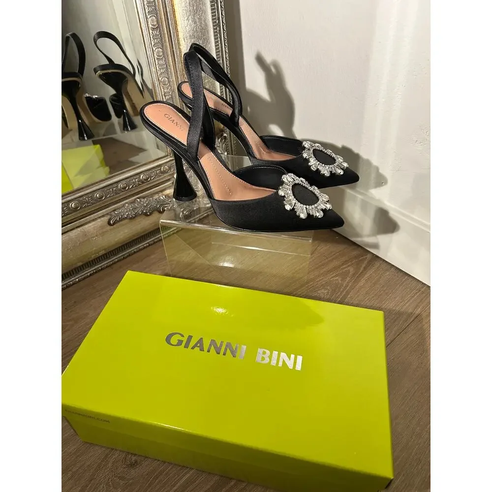 Black Satin Crystal Embellished Slingback Heels by Gianni Bini Size 7 $135
